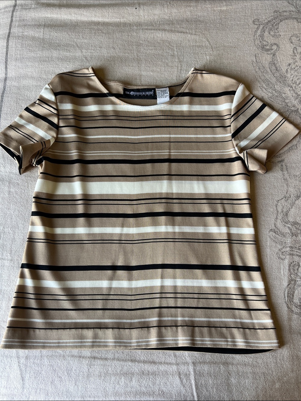 Sag Harbor Beige, Cream & Black Striped Short-Sleeve Tee